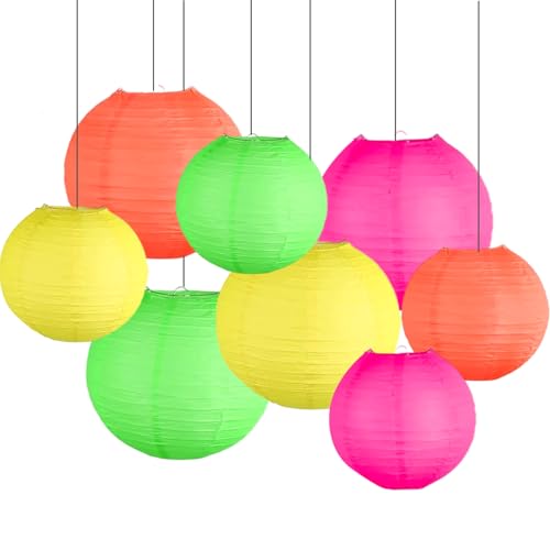 ZYOOO Lot de 8 Lanternes Papier Néon - Lampions Couleurs Vives (20/25cm) pour Fête d'Été, Anniversaire & Soirée Disco - Boule Chinoise Papier Rose, Jaune,...