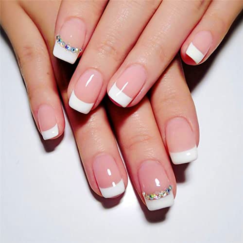 Daterkey 24 uñas falsas cortas y cuadradas francesas flash rosa degradado rosa uñas falsas Diamante de agua mujeres y niñas con uñas (C) Cover