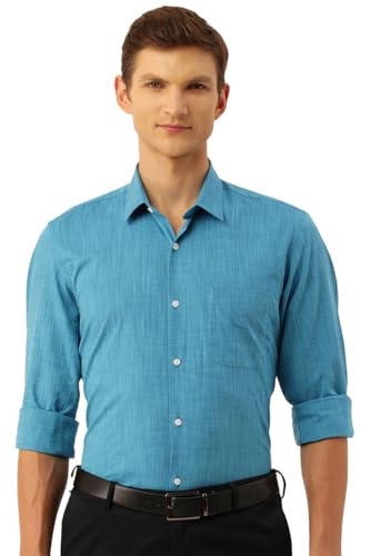 Image of Peter England Men's Slim Fit Full Sleeve Formal Textured Solid Shirt | Festive Duo-Tone Colour | 100% Cotton