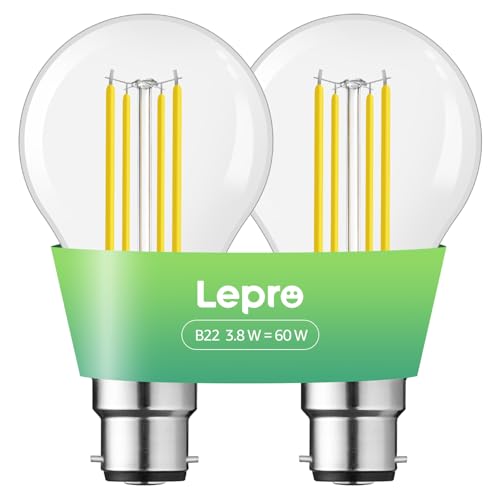 Lepro B22 Bayonet Light Bulb, A-Rated Ultra-efficient LED Bulb, 3.8W = 60W, 806lm, 2700K Warm White, 50000H Lifespan, Clear Filament, Vintage Glass, Non-dimmable, Pack of 2