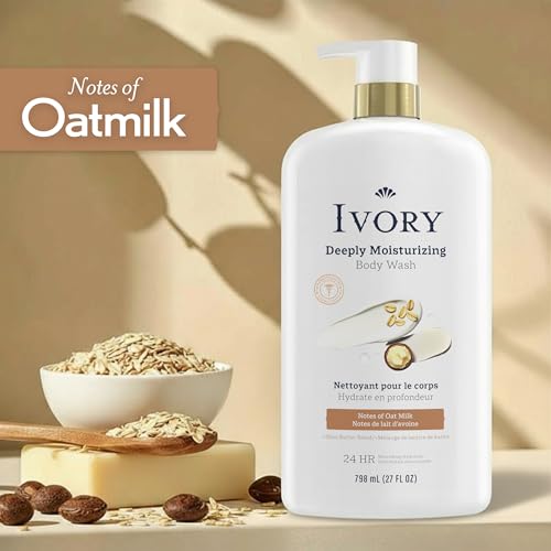 Image of Ivory Body Wash, Deeply Moisturizing, 24hr Nourishing Hydration, Soothes Itchy Dry Skin, Made with Shea Butter Blend, Free of Dyes Heavy Perfumes Parabens & Phthalates, Oatmilk Scent, 27 oz