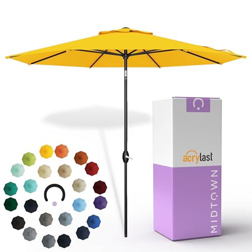 Image of Midtown Umbrellas - The Lean 9 Ft Patio Umbrella with 10-Year-No-Fade Acrylast Acrylic Fabric, Auto-Tilt and 8 Reinforced Ribs for Deck, Pool, Garden, Hotel & Cafes - Studio Yellow Canopy, Black Pole