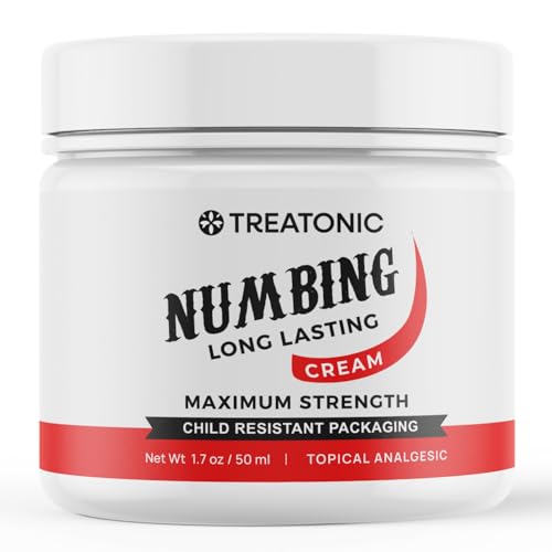 Treatonic Numbing Cream: Extra Strength Numbing Cream for Discomfort, Burning, Itching, & After Sun - Maximum Strength Topical Anesthetic with Menthol & Emu Oil for Toes Feet Hands Legs Arms – 1.7oz