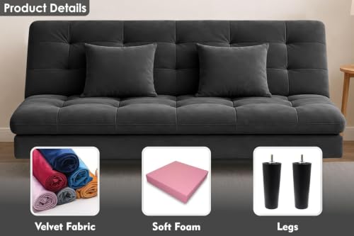 Image of Velvet Fabric Wooden 3-Seater Apsen Sofa Bed with Tufted Couch with Adjustable Backrest- Living Room Furniture-Black-Color