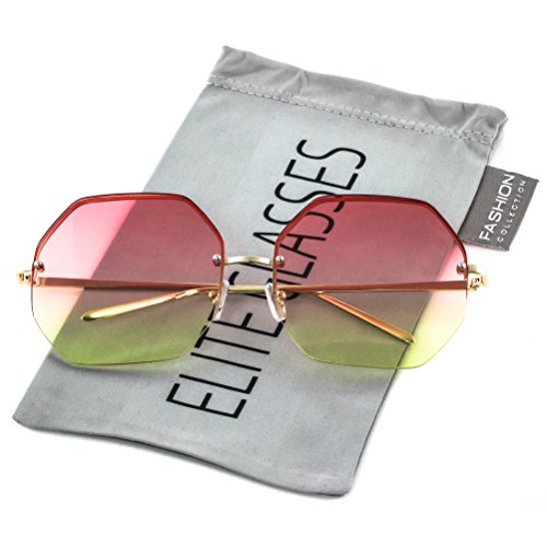 Elite Glasses HUGE OVERSIZED LARGE VINTAGE OCTAGON Rimless RETRO Style SUNGLASSES (Pink Yellow, 64)
