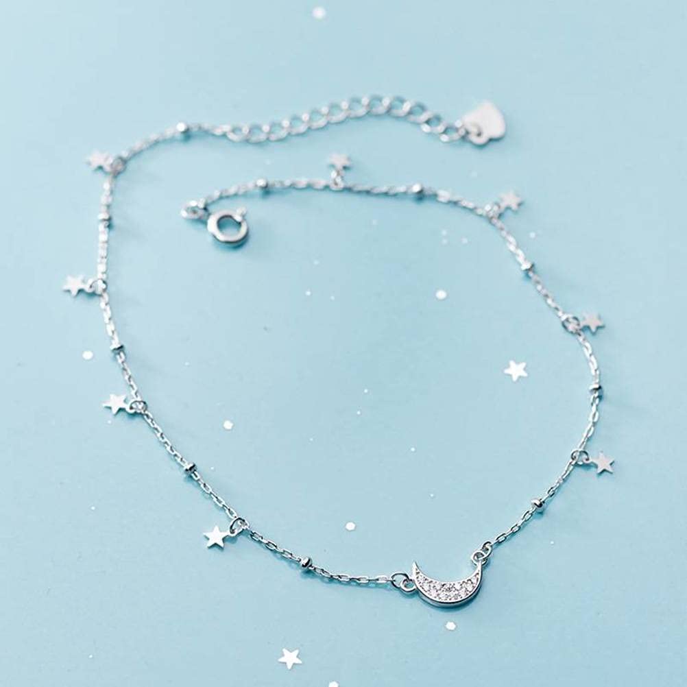 LYGBAOFUL Tobillera S925, Luna de señora, Estrella Brillante de Cinco Puntas, Diamante, Cuentas Ligeras, Adornos de corazón y pie para niña Tobillera s925