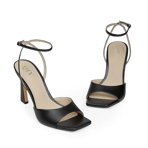 Image of QIY Strappy Heels for Women Heeled Sandals Square Toe Heel Ankle Strap Stiletto Mesh High Heels Dress Shoes
