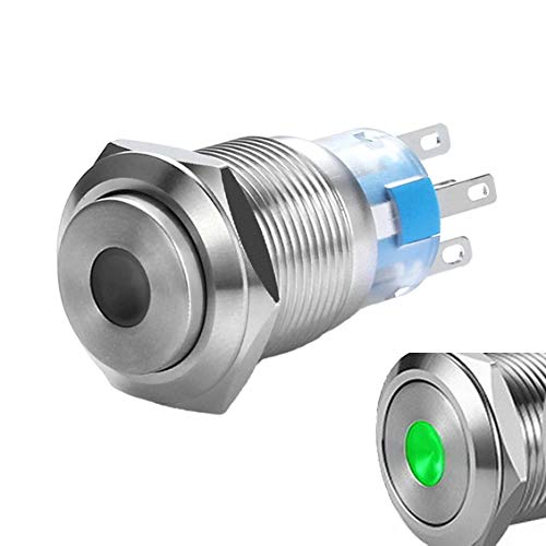 ❤ Crazy Deals WerFamily 19mm Momentary Push Button Switch 1NO 1NC SPDT ON/Off Waterproof Stainless Steel Metal High Round Cap with Green Dot Illuminated LED
