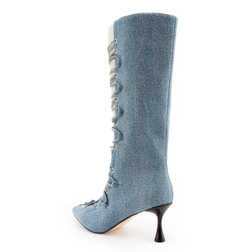 Image of KaroNairy Women Mid Calf Denim Boots Pointed Toe Lace Up Cowboy Boots High Heel Cowgirl Stiletto Thigh Boots blue