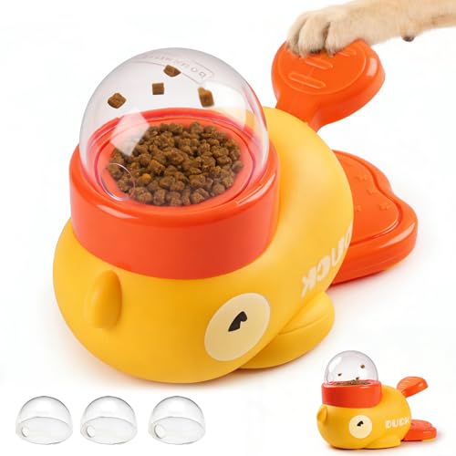 Dog Interactive Treat Dispenser 2026 New Yellow Duck Cat Treat Dispenser with Button Slow Treat Feeding Dispenser for Small & Large Cats Dogs