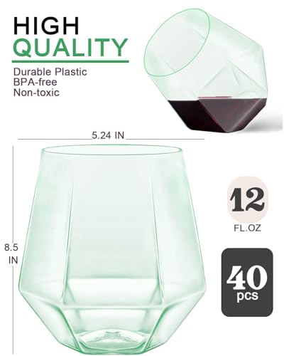 Image of Maaacute 40 Pack Plastic Stemless Wine cocktail Whiskey Champagne Glasses, 12 Oz Disposable Unbreakable Cups for Party Bars Wedding Tasting (Green)