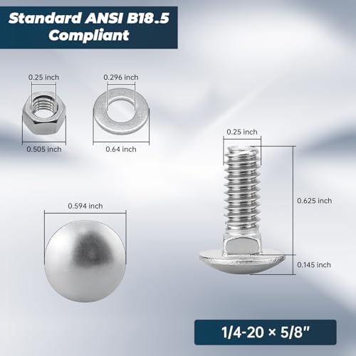 Image of 1 /4-20 x 5 /8 Inch Carriage Bolt Kit, 304 Stainless Steel (18-8) with Hex Nuts & Flat Washers - 10 Sets, Round Head Square Neck, Full Thread Coverage by Glvaner