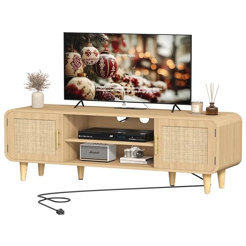 Keehusux Rattan TV Stand for 60 Inch TV Entertainment Center with Charging Station & Solid Wood Legs Adjustable Shelf & 2 Cabinet Boho TV Console Modern Media Console for Living Room Natural Oak