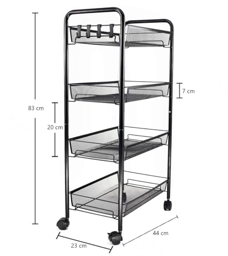 Image of KRISHYAM 4-Tier Slim Rolling Utility Cart, Metal Mesh Storage Trolley with Wheels, Carbon Steel Kitchen Fruit & Vegetable Stand Organizer (4-Layer Rectangular)