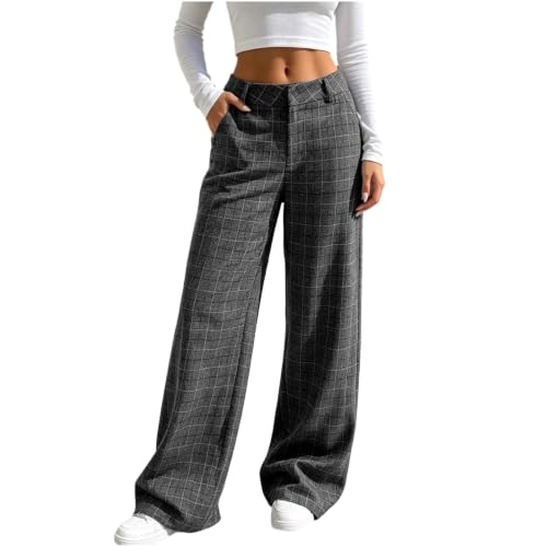 Womens Plaid Straight Leg Pants High Waist Pocket Checked Casual Trousers - image 1