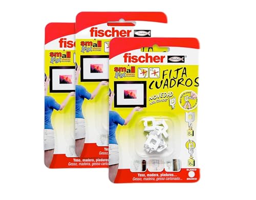 fischer - Fija Cuadros | Ganchos Reutilizables sin Agujeros | Hasta 8 Kg por Unidad | Ideal para Yeso, Cartón Yeso y Madera | Montaje sin Herramientas | 3 Packs de 8 uds (Total 24) | Blanco