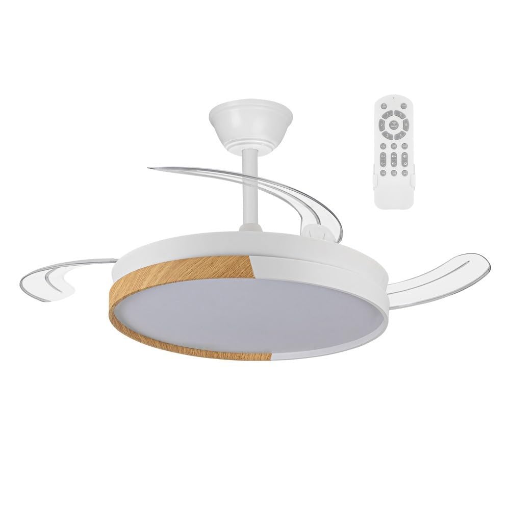 wonderlamp - Ventilador de techo con aspas retráctiles, Ventilador de techo con luz LED Arpino Blanco+Madera CCT 3000-4000-6000K, Intensidad Regulable 48W, Silencioso