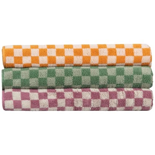 Image of CinGiiCo Checkered Bath Towel Set of 3, 100% Cotton Bath Towels Large, 520GSM, 55.12"*27.56", Luxury Shower Towels for Bathroom, Soft Absorbent Quick-Dry（Orange+Dark Green+Pink）