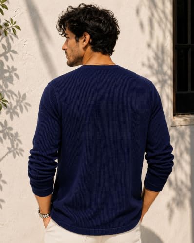 Image of AUSK Men's Waffle Knit Henley T-Shirt | Cotton Blend Full Sleeve Textured Casual T Shirt | Regular Fit Button Placket Round Neck Tshirt for Men