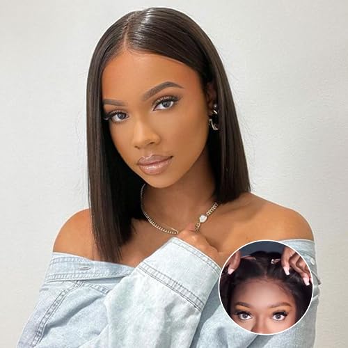 Image of Wear and Go Glueless Bob Wig Human Hair Straight, 6x4 Pre-Cut HD Lace Glueless Wigs Pre-Plucked, Transparent Lace Front Closure Wigs for Women 180% Density 10 inch