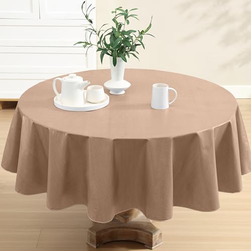 Newbridge Basketweave Solid Color Vinyl Flannel Backed Tablecloth, Basket Weave Textured Look Indoor/Outdoor Waterproof Tablecloth, Patio and Kitchen Dining, 70 Inch Round, Taupe