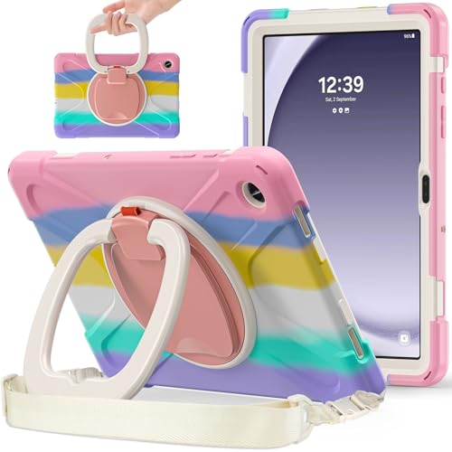 Coque antichoc Samsung Tab A9 Plus avec support rotatif 360 et sangle de transport rose