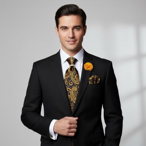 Image of 5PCS Mens Silk Tie, Pocket Square, Cufflinks, Drilled Tie Ring and Lapel Pin Set for Wedding Groom Party