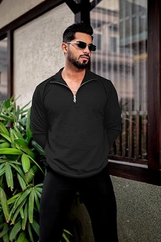 Image of KAJARU Men's Quarter Zip Pullover T-Shirt, Textured Ribbed Long Sleeve, Casual Mock Neck