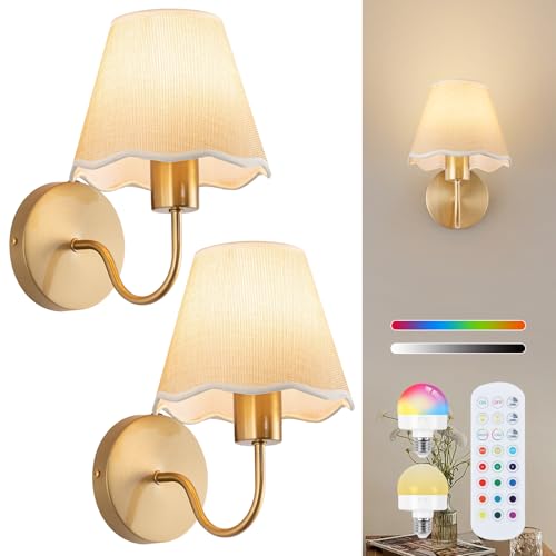Image of ADISUN Battery Operated Wall Sconce Set of 2, Gold Wall Lamps Rechargeable Bulbs for Living Room, Cream Rattan Shade, Wireless Wall Lights for Bedroom Living Room Hallway Kitchen(2 Bulbs Included)