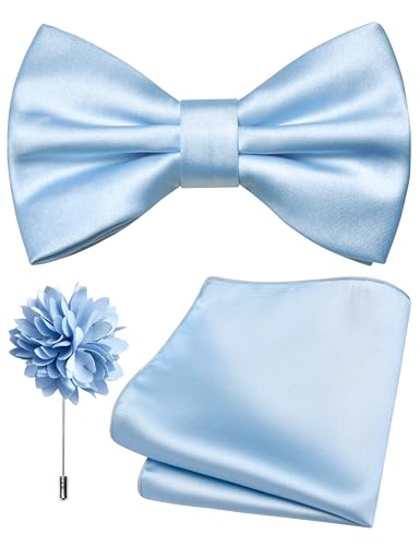 Branduce Baby Blue Bow Tie for Men Wedding Solid Satin Silk Bowties Pocket Square and Lapel Pin Brooch Set (BB07-44)