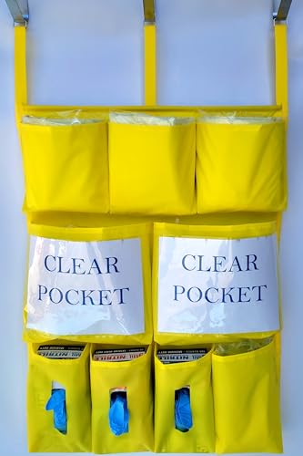 Image of It's Sew EZ Personal Protection Equipment (PPE) Isolation Door Caddy - 9 Pockets - NFPA-701 Fire Retardant Nylon Oxford with Three Stainless Steel Hooks included (yellow, 09)