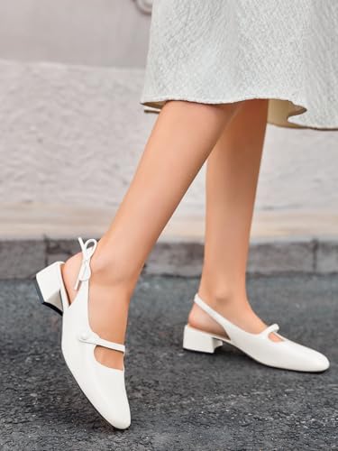 Image of Coutgo Womens Mary Jane Shoes Slingback Chunky Low Heels Bow Closed Square Toe Pumps Wedding Party Dress Shoes