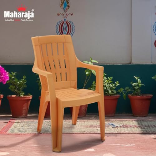 Image of MAHARAJA Omega for Home, Office | Comfortable | Arm Rest | Bearing Capacity up to 200Kg Plastic Outdoor Chair | Chairs for Home | Plastic Chairs (Amber Gold, Pack of 6)