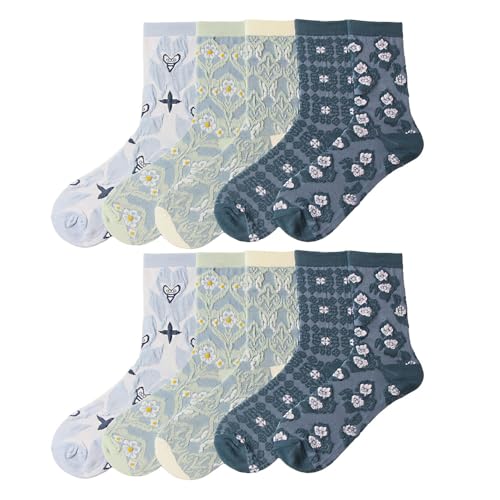 5 Pairs Cartoon Flower Pattern Knitted Crew Socks Comfy Breathable Soft Outdoor Socks