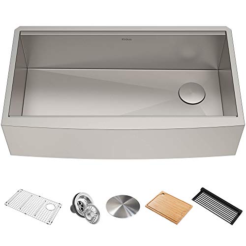 Kraus KWF210-36 Kore Workstation 16 Gauge Farmhouse Single Bowl Stainless Steel Kitchen Sink with Integrated Ledge and Accessories (Pack of 5), 36 Inch Rounded Apron Front Kraus KWF210-36 Kore Workstation 16 Gauge Farmhouse Single Bowl Stainless Steel Kitchen Sink with Integrated Ledge and Accessories (Pack of 5), 36 Inch Rounded Apron Front