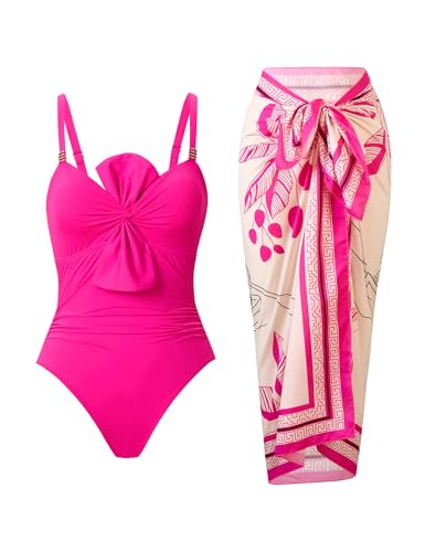 One Piece Swimsuit for Women with Cover Up Set Retro Bathing Suit Tummy Control Knot Swimwear Beach Wrap Skirt