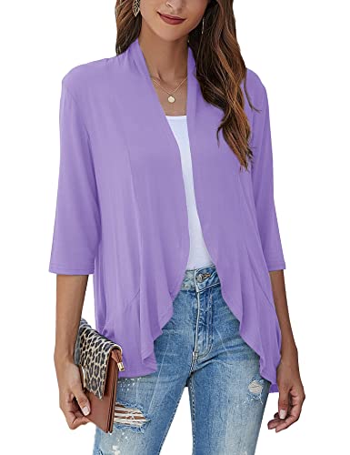 Image of Bluetime Women Casual Lightweight Open Front Cardigans Soft Draped Ruffles 3 /4 Sleeve Cardigan (S-3XL)