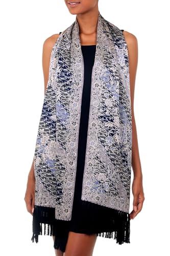 NOVICA Artisan Handmade Silk Batik Shawl Accessories Shawls Black Multicolor Patterned Indonesia Floral ' Butterfly Blossoms'3