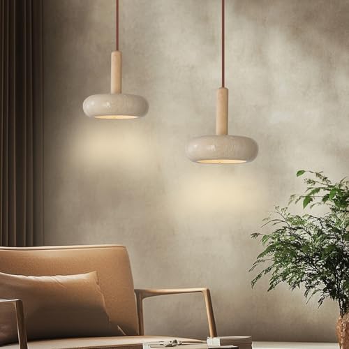 JIANTLAIUS 9.1inch 2PCS Japanese Wabi-sabi Style Travertine Pendant Lamp LED Natural Stone Shade Pendant Light Wood Bedroom Bedside Hanging Light 3000K for Living Dining Room Table