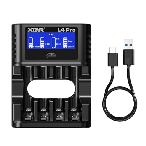 XTAR L4 Pro Battery Charger for AA AAA, LCD Display, 4-Slot Independent Charging, Compatible with 1.2V Ni-MH & 1.5V Li-ion Rechargeable Batteries, Fast USB Charger with Refresh Recovery Modes