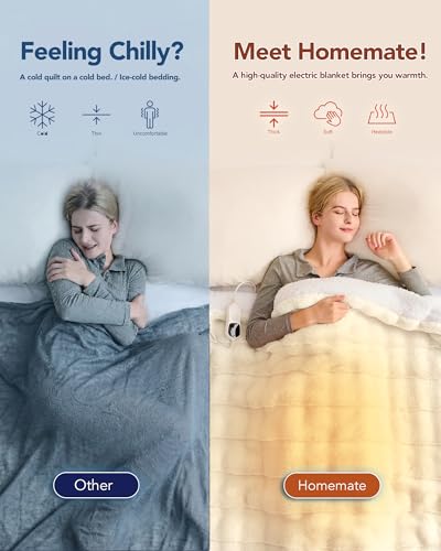 Image of Homemate Electric Heated Blanket Twin Size - 62 inchx84 inch Heating Blanket Twin Size 1 /2 /4 /6 /8 Hours Auto-Off 10 Heat Level Over-Heat Protection Luxury 800 GSM Faux Fur 200 GSM Sherpa ETL Certification