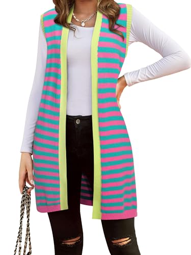 Dresswel Women's Color Block Striped Kimono Cardigan Vest Sleeveless Open Front Colorful Duster Sweater Soft Knit Long Vest