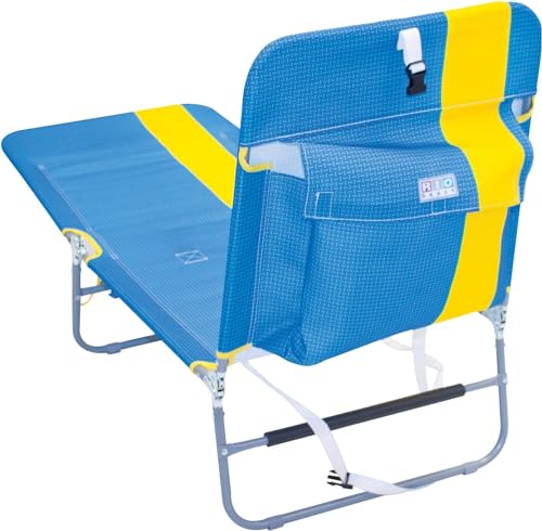 Image of Rio Beach Portable Lay Flat Folding Backpack Beach Lounge Chair with Backpack Straps and Storage Pouch, Yellow Stripe
