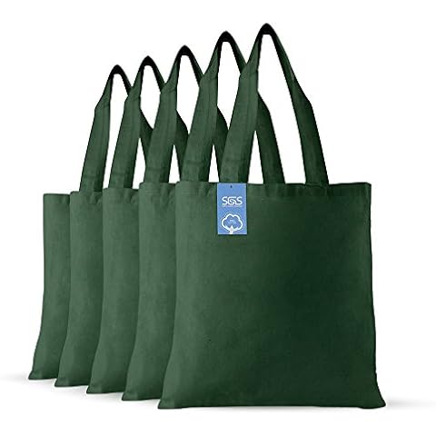 Simply Green Solutions Reusable Cotton Cloth Grocery Craft Bag, 15 x 16 Reusable Tote with Handle, Pack of 5, Forest Green Cover
