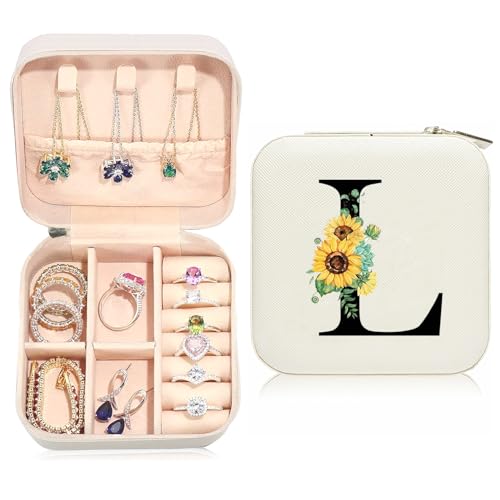 Ldntly Estojo de joias de girassol, presentes de girassol para mulheres, caixa de joias de viagem inicial, presentes personalizados para meninas adolescentes, mãe, esposa, damas de honra, presentes de