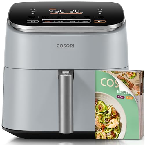 Cosori 9-in-1 TurboBlaze Air Fryer 6 Qt, Premium Ceramic Coating, 90°–450°F, Precise Heating for Even Results, Air Fry, Roast, Bake, Broil, Dry, Frozen, Proof, Reheat, Keep Warm, 120V, Light Gray