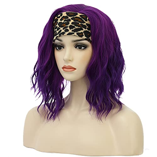 BERON Purple Wig Headband Wig Mix Purple Wig Short Curly Wig Glueless Synthetic Wig Short Wavy Wig Headband Wigs with Wig Cap