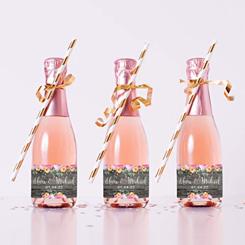 Andaz Press Personalized Mini Champagne Wine Bottle Wedding Favor Labels, Olivia & Michael, Date, Rustic Gray Wood Floral Flowers, 20-Pack, Custom Mini Champagne Favor Gift Stickers