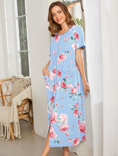 Image of Ekouaer Women Robe Zipper Short Sleeves Full Length House Coat with Pockets