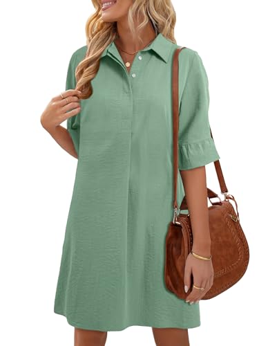 Image of HUHOT Womens Casual Shirt Dress Business Work Ruffle Sleeve Button Down Solid Color Summer Dress with Pockets